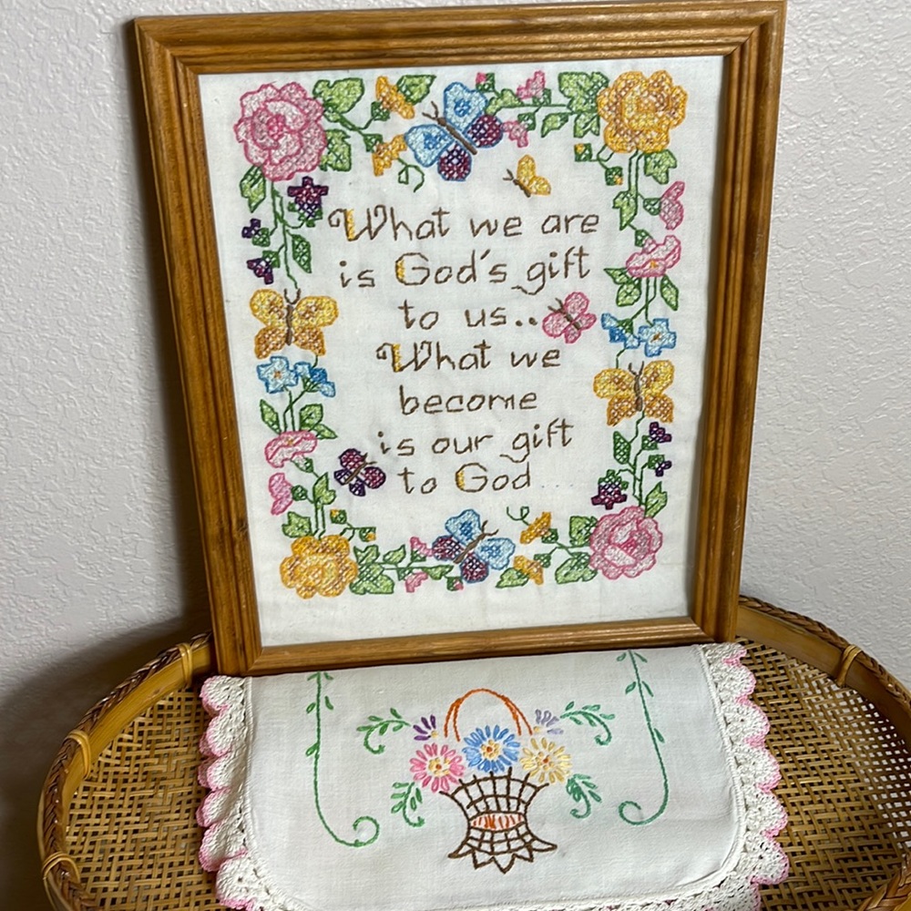 “What We Are Is God’s Gift To Us…” Floral Needlepoint Sampler Inspirational